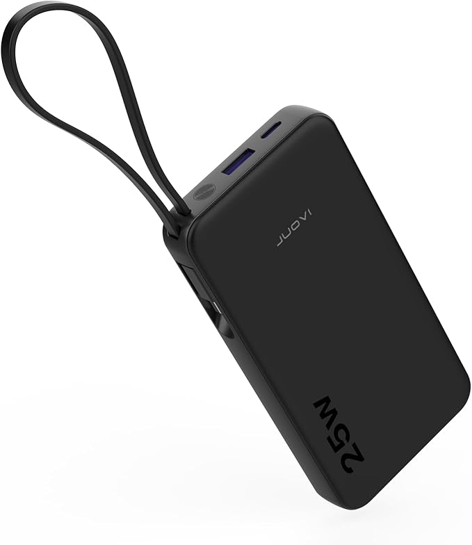 JUOVI 25W Portable Charger 10000mah Power Bank Built-in USB-C Cable | Battery Pack with LED Display, Portable Phone Charger for iPhone 17 16 15 14 Samsung S24 S23 iPad Tablets