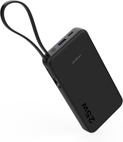 JUOVI 25W Portable Charger 10000mah Power Bank Built-in USB-C Cable | Battery Pack with LED Display, Portable Phone Charger for iPhone 17 16 15 14 Samsung S24 S23 iPad Tablets