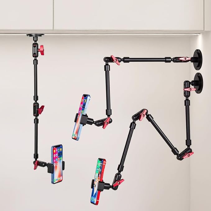 Wall Mounted Phone Holder Magic Arm 360° Rotation Adjustable Metal Base Screw in Wall Sturdy for Kitchen Bedroom Home 32 Inch ABS Phone Clip