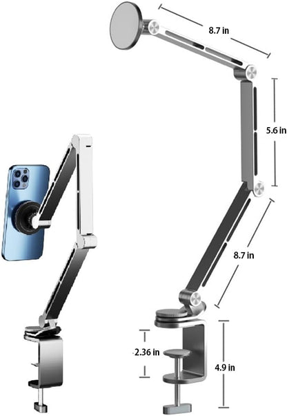 Magnetic Heavy Duty Metal Phone/Tablet Holder for Bed Adjustable Foldable Stand for Desk Aluminum Universal Lazy Bracket 360° Rotation Flexible Long Arm (Silver, Magnetic)