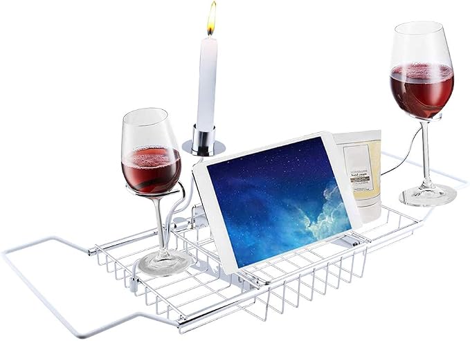 Bath Tray for Tub, Adjustable Bathtub Caddy Tray with Extending Side, Metal Bathtub Shelf Expandable Storage Rack Organizer with Wine Glass and Phone Holder for Home Bathroom Luxury Bathing, Silver