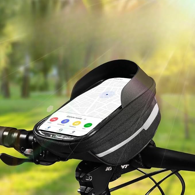 O'rengela Bike Phone Holder Bag Waterproof Bike Phone Mount Bag Bike Accessories EVA Hard Shell Bike Phone Pouch with Rain Cover Compatible with iPhone,Phones Below 6.5" (Black)