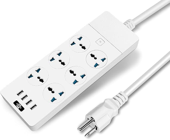 Universal Power Strip with 6 Oulets and 4 USB, 6.5ft Extension Cord 3000W Universal Power Strip Surge Protector 110V-250V Extension Lead for Home Office Dorm Room (White)