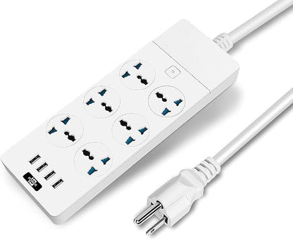 Universal Power Strip with 6 Oulets and 4 USB, 6.5ft Extension Cord 3000W Universal Power Strip Surge Protector 110V-250V Extension Lead for Home Office Dorm Room (White)