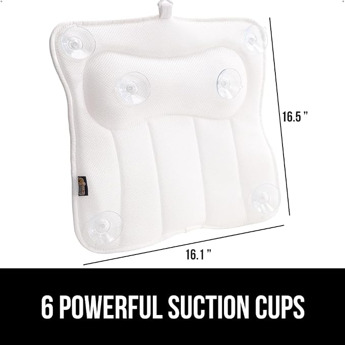 GORILLA GRIP Bath Pillow for Tub, 6 Strong Suction Cups, 4D Mesh FlexComfort Headrest for Neck, Head and Back Support, Luxury Machine Washable Pillows, Bathtub Accessories, Spa Gifts for Women, White