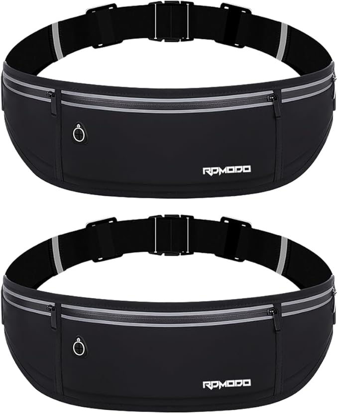 Water Resistant Fanny Packs for Women, Slim Running Belt for Men, Phone Holder for Running Walking Outdoor, 3 Pockets Adjustable Running Waist Pack for iPhone 16 15 14 Samsung Black (2 Pack)