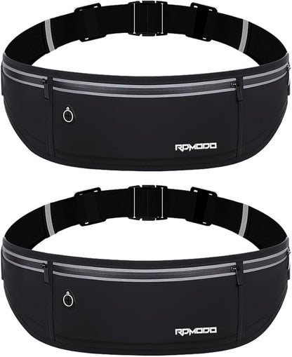 Water Resistant Fanny Packs for Women, Slim Running Belt for Men, Phone Holder for Running Walking Outdoor, 3 Pockets Adjustable Running Waist Pack for iPhone 16 15 14 Samsung Black (2 Pack)