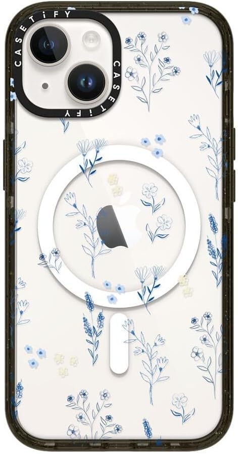 CASETiFY Impact iPhone 14 Case [4X Military Grade Drop Tested / 8.2ft Drop Protection/Compatible with Magsafe] - Small Blue Flowers - Clear Black