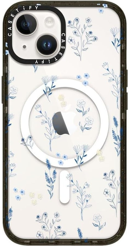 CASETiFY Impact iPhone 14 Case [4X Military Grade Drop Tested / 8.2ft Drop Protection/Compatible with Magsafe] - Small Blue Flowers - Clear Black