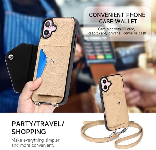 LUCKYCOIN for iPhone 16 Plus Crossbody Wallet Case – Genuine Leather Phone Purse with Adjustable Strap and Card Holder,Lanyard Phone Purse Case for Women,Pebble Grain Beige