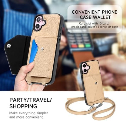 LUCKYCOIN for iPhone 16 Plus Crossbody Wallet Case – Genuine Leather Phone Purse with Adjustable Strap and Card Holder,Lanyard Phone Purse Case for Women,Pebble Grain Beige