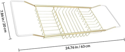 Cabilock Luxury Stainless Steel Bathtub Caddy Tray - 24.8in Expandable Modern Bath Rack for Tub with Wine Glass & Book Holder - Rustproof Shower Organizer & Tablet Stand for Home Spa, Gold