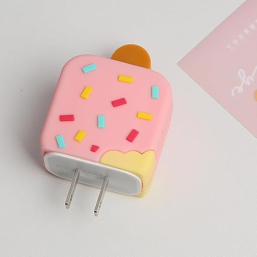 Compatible with iPhone 18W/20W USB-C Charger Protector Cover, 3D Cute Cartoon Charger Case for Apple iPhone 20W USB-C Power Adapter and Lightning Cable Protective Wire Saver (Pink Ice Cream)