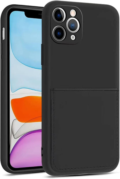 Ultra Slim Liquid Silicon Gel Case Compatible for iPhone 11 Pro 5.8 inch 2019 with Card Holder Sleeves Slot Anti-Scratch Shockproof Wallet Cover with Screen Protecto(Black)