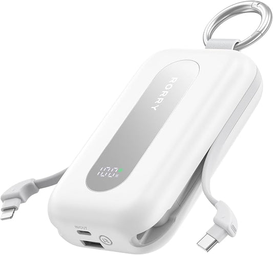 RORRY CharmGo Portable Charger 20000mAh 30W Power Bank 4 in 1 Battery Pack | Built-in Cables,Fast Charging,Keychain,Travel Essentials,Portable,for iPhone 17/16/15/14/13,for iPad Air/Pro,for AirPods
