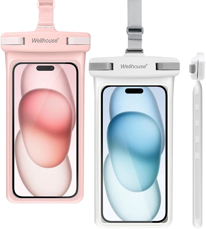 wellhouse Waterproof Phone Pouch, Waterproof Phone Case for iPhone17 16 15 14 13 Pro Max XS Samsung, IPX8 3D Cellphone Dry Bag Beach Essentials (2 Pack -Pink & White7.0, 7 inch)