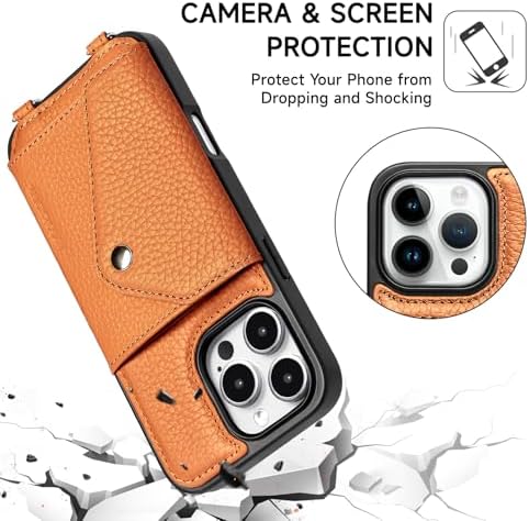 LUCKYCOIN for iPhone 16 Pro Max Crossbody Wallet Case – Genuine Leather Phone Purse with Adjustable Strap and Card Holder,Lanyard Phone Purse Case for Women,Pebble Grain Brown