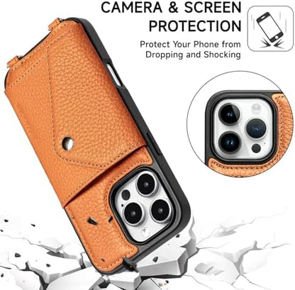 LUCKYCOIN for iPhone 16 Pro Max Crossbody Wallet Case – Genuine Leather Phone Purse with Adjustable Strap and Card Holder,Lanyard Phone Purse Case for Women,Pebble Grain Brown