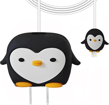 Compatible with Apple 20W/18W USB-C Adapter Charger, 3D Cartoon Protective Case for iPhone 20W USB-C Power Adapter Charger Fast Lightning Cable Cable Cover (Black Penguin)