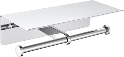 Double Toilet Paper Holder with Shelf Polished Chrome, APLusee SUS304 Stainless Steel Contemporary Bathroom Tissue Roll Holder Cell Phone Storage Rack
