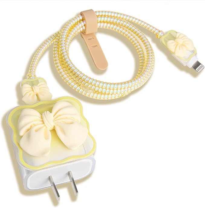 Compatible with Apple iPhone 18W/20W USB-C Charger Cover Cute Yellow Bow Soft Charger Protector Kawaii Cable Saver for iPhone 14 15 16 Pro Max Fast Power Adapter