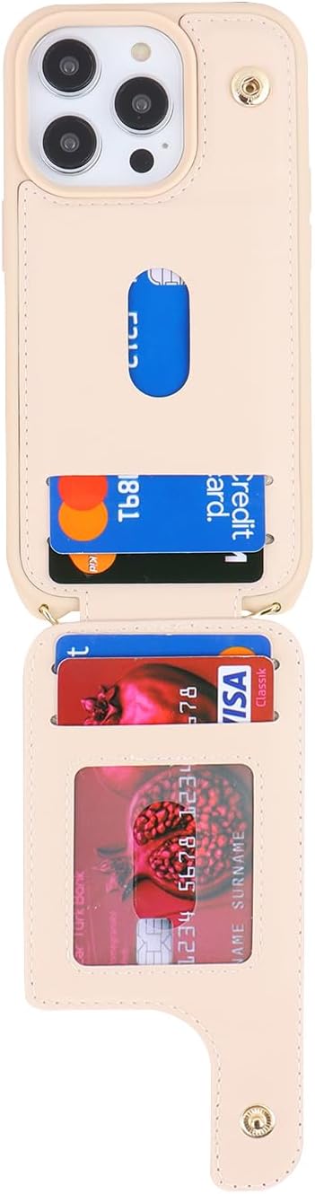 Lipvina for iPhone 13 Case with Card Holder for Women,Crossbody Strap Lanyard,Credit Card Holder,Ring Stand,Snap Clasp,Wallet Case 6.1 inch (Beige)