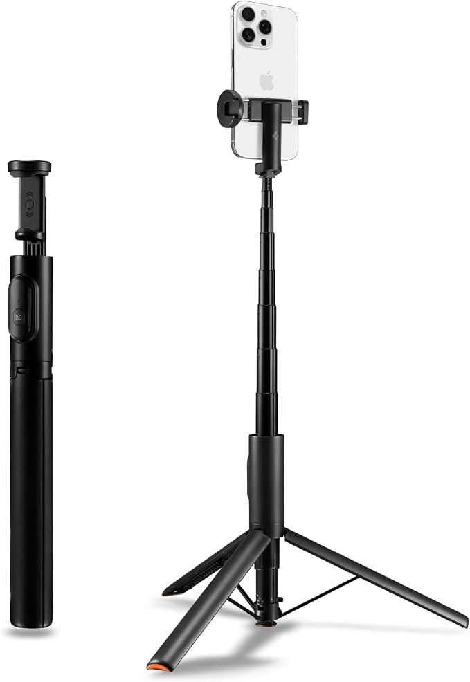 Spigen Selfie Stick Automatic Tripod Stand with Bluetooth Remote Control Shutter 57" Extendable Compatible with MagSafe iPhone 17/16/15/14/13/12 Pixelsnap Pixel 10 Series & More - Black (S541W)