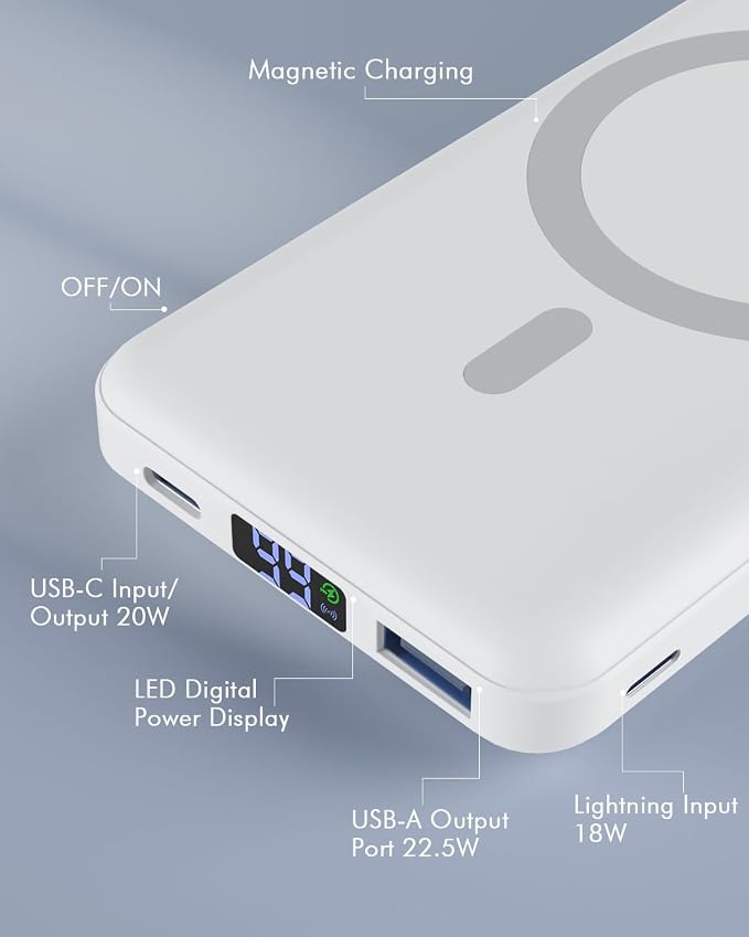 podoru for Magsafe Power Bank, Foldable 10000mAh Wireless Battery Pack with USB-C Cable & LED Display 22.5W PD Fast Charging Magnetic Portable Charger for iPhone 17/16/15/14/13/12 Series-White
