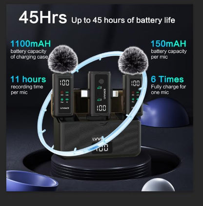 3 in 1 Wireless Microphone for iPhone, Android, Camera,Wireless Lavalier Microphone, Noise Cancellation with 45 Hours Transmitter Digital Display Charging Case for Video Recording, Streaming