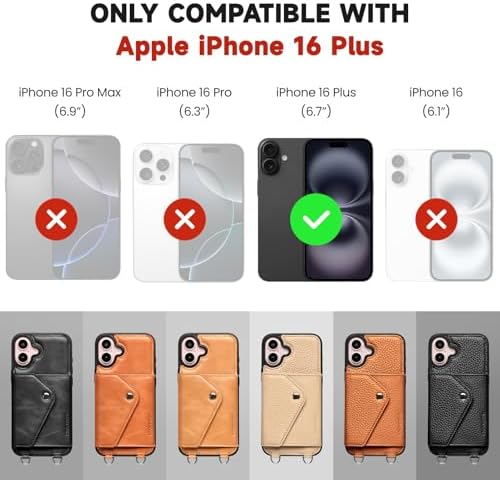 LUCKYCOIN for iPhone 16 Plus Crossbody Wallet Case – Genuine Leather Phone Purse with Adjustable Strap and Card Holder,Lanyard Phone Purse Case for Women,Pebble Grain Beige