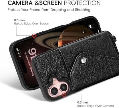 LUCKYCOIN for iPhone 16 Crossbody Wallet Case – Genuine Leather Phone Purse with Adjustable Strap and Card Holder,Lanyard Phone Purse Case for Women,Pebble Grain Black