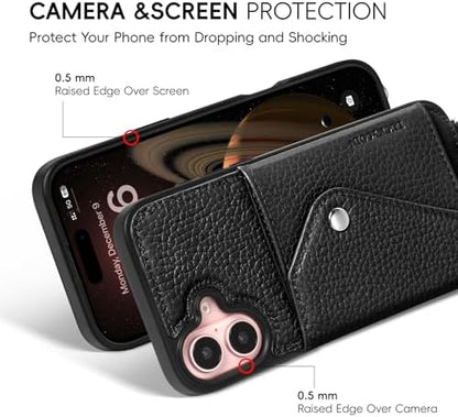 LUCKYCOIN for iPhone 16 Plus Crossbody Wallet Case – Genuine Leather Phone Purse with Adjustable Strap and Card Holder,Lanyard Phone Purse Case for Women,Pebble Grain Black