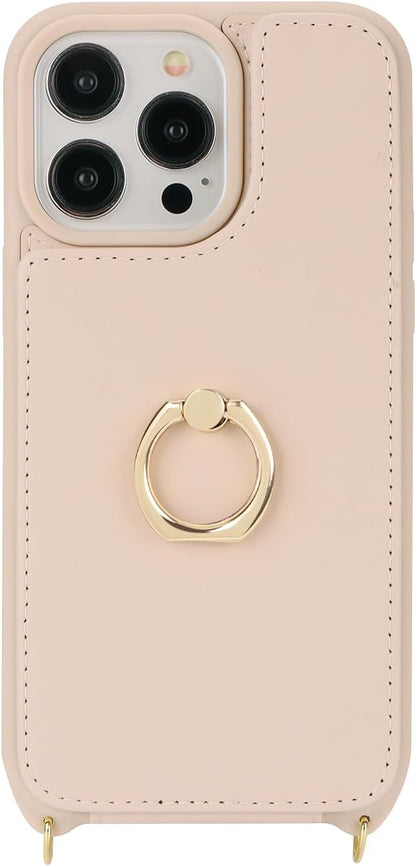 Lipvina for iPhone 13 Pro Max/iPhone 12 Pro Max Case with Card Holder for Women,Crossbody Strap Lanyard,Credit Card Holder,Ring Stand,Snap Clasp,Wallet Case 6.7 inch (Beige)
