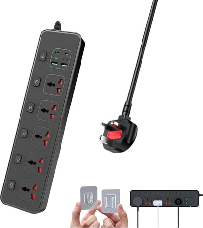 Power Strip with Individual Swtich, 6ft Extension Cord with 5 Universal Outlets and 6 USB (4 USB C), Max 3000w, 110-240v, Multiple Outlets Plug Adapter for Office Travel, UK Plug, Black