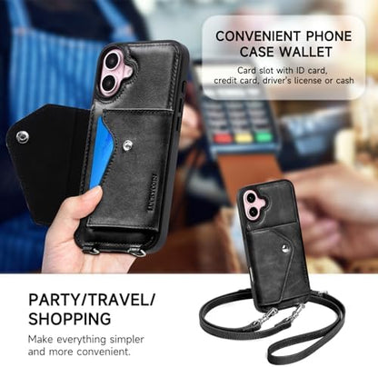 LUCKYCOIN for iPhone 16 Plus Crossbody Wallet Case – Genuine Leather Phone Purse with Adjustable Strap and Card Holder,Lanyard Phone Purse Case for Women,Vintage Black