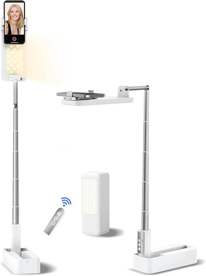 Overhead Phone Stand for Recording,Overhead Phone Mount, Foldable/Extendable/Rechargeable Phone Stand with Light&Wireless Remote, for Photo/Vlog Kit/Tiktok/Unboxing Video,Cooking.v10