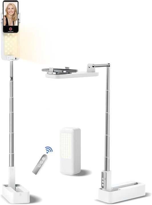 Overhead Phone Stand for Recording,Overhead Phone Mount, Foldable/Extendable/Rechargeable Phone Stand with Light&Wireless Remote, for Photo/Vlog Kit/Tiktok/Unboxing Video,Cooking.v10
