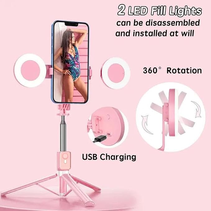 Selfie Stick Tripod with Light and Bluetooth Remote, 67" Extendable Mini Tripod Stand for iPhone Samsung Android, 6 in 1 Wireless Selfie Stick for TikTok YouTube Live Streaming(Pink)