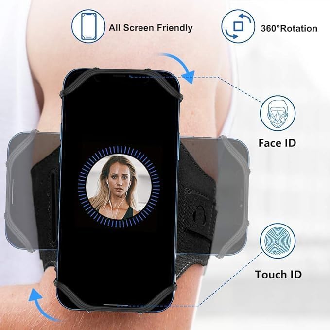 Running Armband 360° rotatable for iPhone 15/14/13/Pro Max/Pro/Mini/12/11/SE/Xs/XR/X/8/7/Plus, Suitable for All 4-6.7 inch Smartphones, Running Hiking and Cycling Mobile Phone Armband