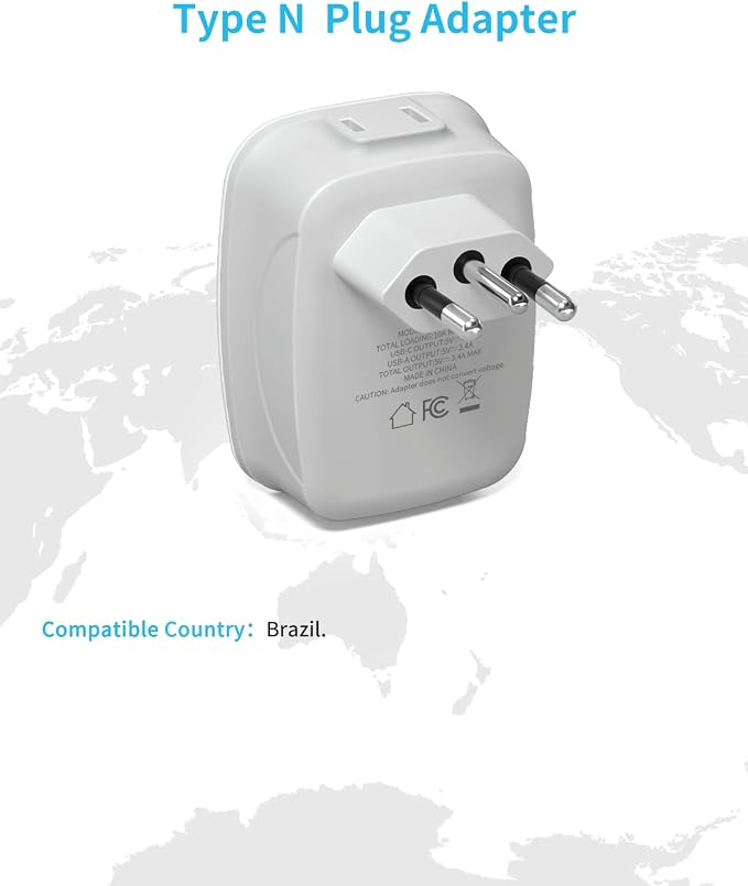 2 Pack Brazil Adapter Plug,VINTAR Type N Plug Adapter with 1 USB C,3 USB Ports and 2 American Outlets,6 in 1 Brazil Power Adapter for US to Brazil