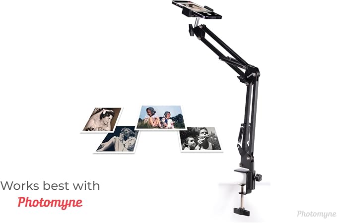 PHOTOMYNE Sturdy Flexible Phone Holder for Desk, Table, Office, Kitchen with Clamp for Photo Album Scanning, iPhone Holder for Desk- Black