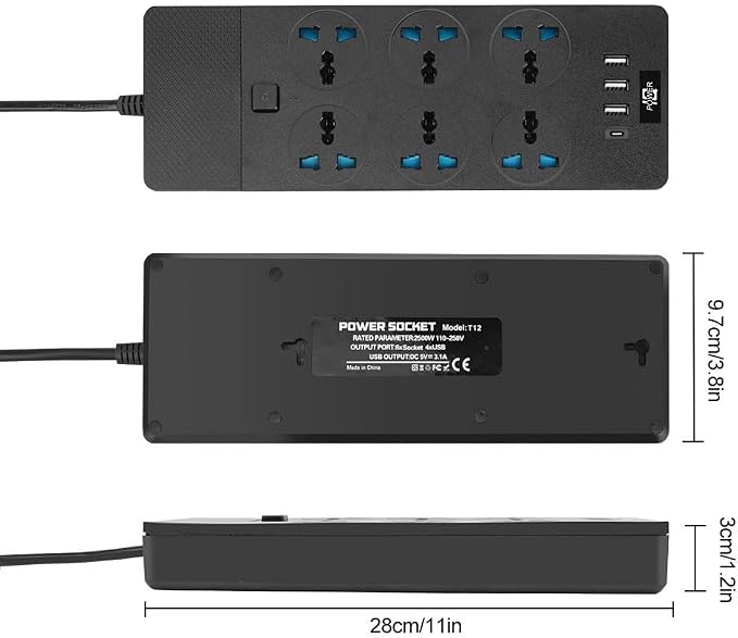 Universal Power Strip with 6 Oulets, 3 USB and 1 Type C, 6.5ft Extension Cord 3000W Universal Power Strip Surge Protector 110V-250V Extension Lead for Home Office Dorm Room (Black)