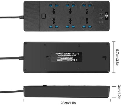 Universal Power Strip with 6 Oulets, 3 USB and 1 Type C, 6.5ft Extension Cord 3000W Universal Power Strip Surge Protector 110V-250V Extension Lead for Home Office Dorm Room (Black)