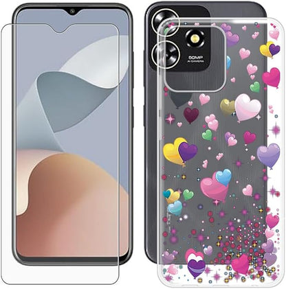 Cover for ZTE Blade A73 (6.52 inch) Case + Screen Protector，Tempered Glass 9H Hardness Protective Film and Soft Silicone Bumper Shell Transparent TPU Phone case -Romantic Balloon