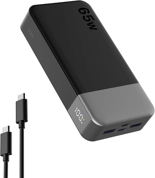 NOBIS 20000mAh Battery Pack Power Bank 65W Power Bank, Portable Charger with Digital Display, Dual USB-C/USB-A Fast Charging for Laptop, Phone, Tablet, Travel-Friendly External Battery Pack