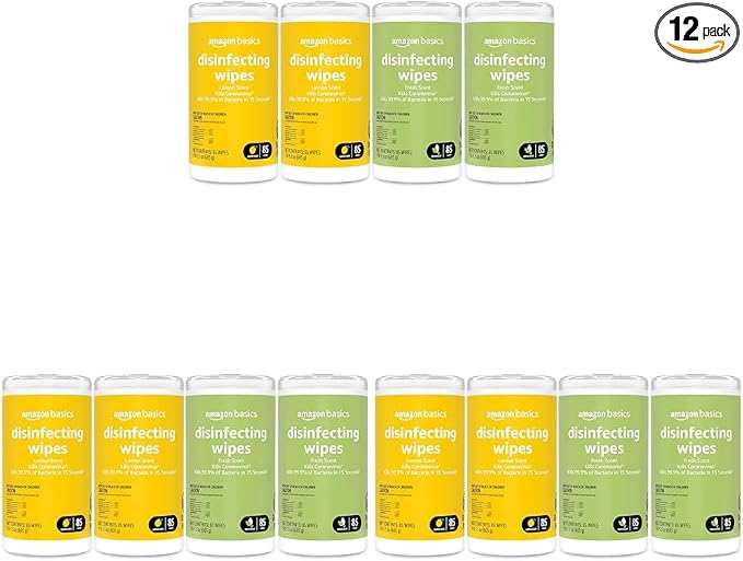 Amazon Basics Disinfecting Wipes, Lemon & Fresh Scent, Sanitizes/Cleans/Disinfects/Deodorizes, 1020 Count (12 Packs of 85)
