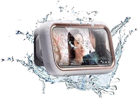 Shower Phone Holder Waterproof - 360° Bathroom Wall Phone Mount Stand Water Proof Anti Fog Case, Suitable for Phones Under 7 inches (Gold White)