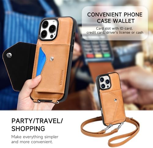 LUCKYCOIN for iPhone 16 Pro Max Crossbody Wallet Case – Genuine Leather Phone Purse with Adjustable Strap and Card Holder,Lanyard Phone Purse Case for Women,Vintage Tan