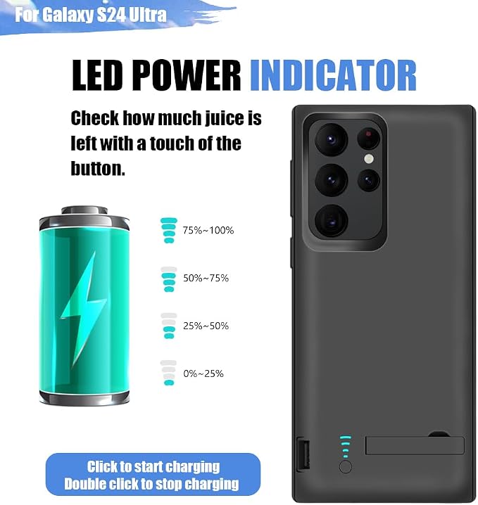 Upgraded Battery Case for Samsung Galaxy S24 Ultra, 5000mAh Rechargeable Extended Battery Charging Charger Case, Add 100% Extra Juice, Not Compatible with S24 or S24+ (6.8 inch) Black