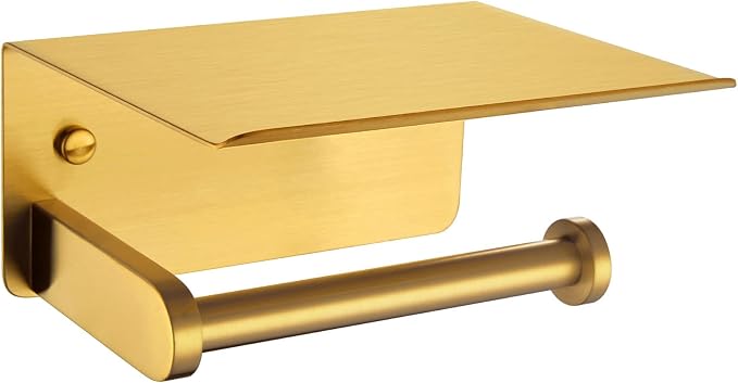 APLusee Brushed Gold Toilet Paper Holder with Shelf, 304 Stainless Steel Wall Mounted Compact Bathroom Tissue Hanger